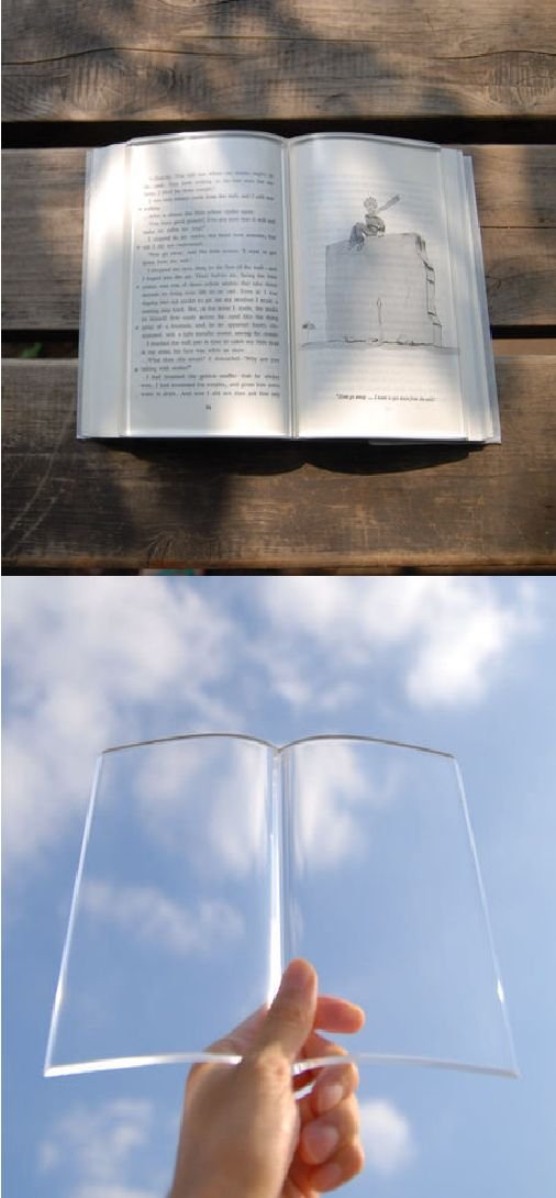 A transparent acrylic paperweight to hold down the pages of a book as you eat and drink while reading... Where has this been all my life???: 