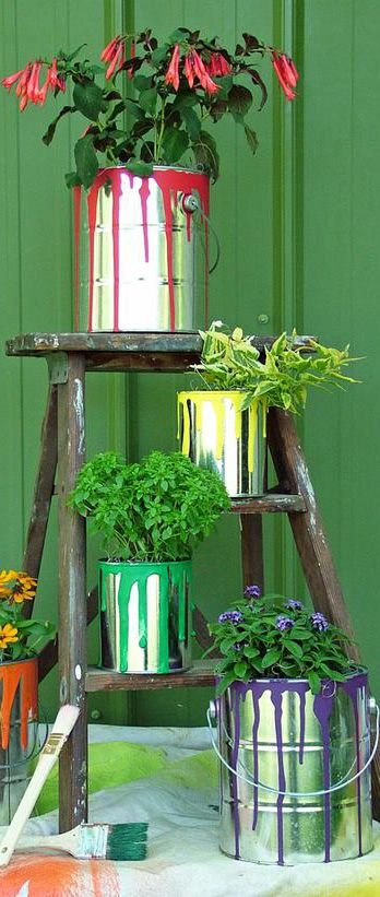 DIY: Plant Container Garden Art - This would be so cute at the entryway for an art party!: 
