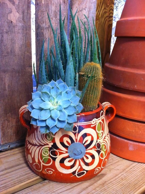 Love the colors.... great idea for my old bean pot~ and keep in in the kitchen... can replant herbs in it!!: