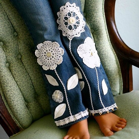 Crochet Embellished Jeans - What a cute way to patch holes in jeans!: 