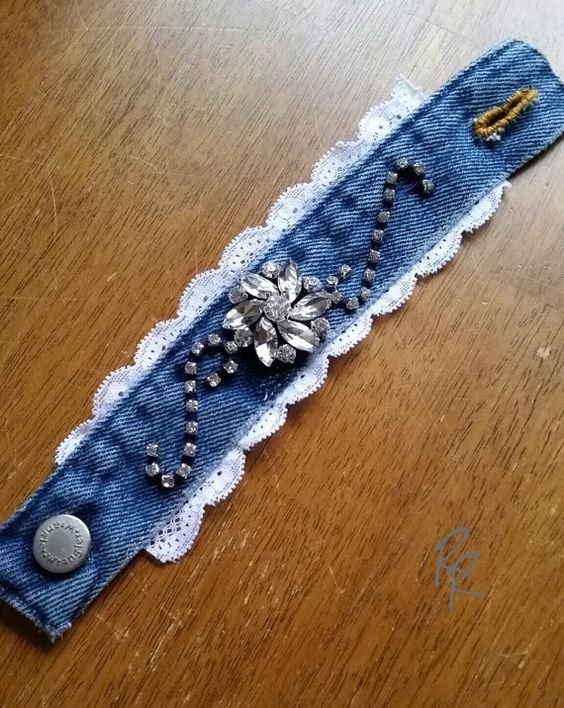 Denim Lace with Rhinestones Cuff Bracelet by RepurposedRelicsTX #jewelry #upcycled #CraftShout: 