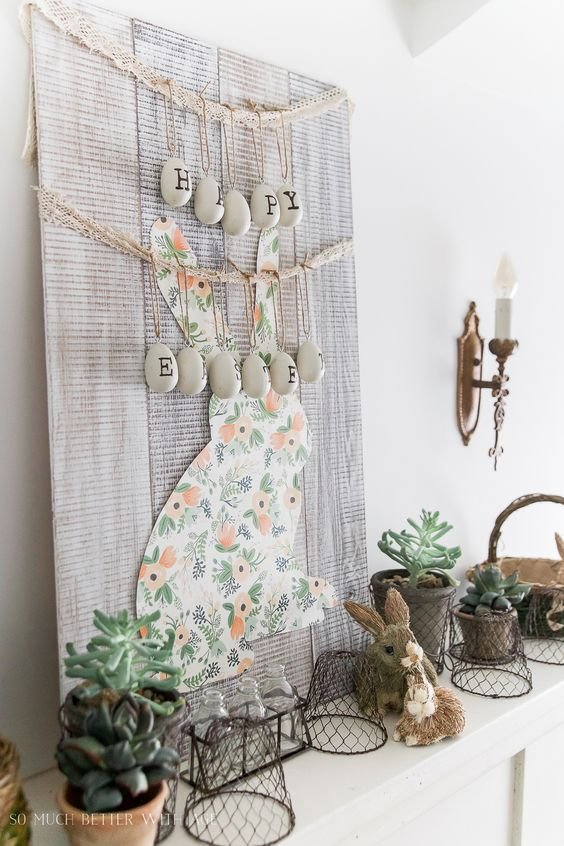 Spring Mantel and New Bunny 'Happy Easter' Pallet Sign - So Much Better With Age: 