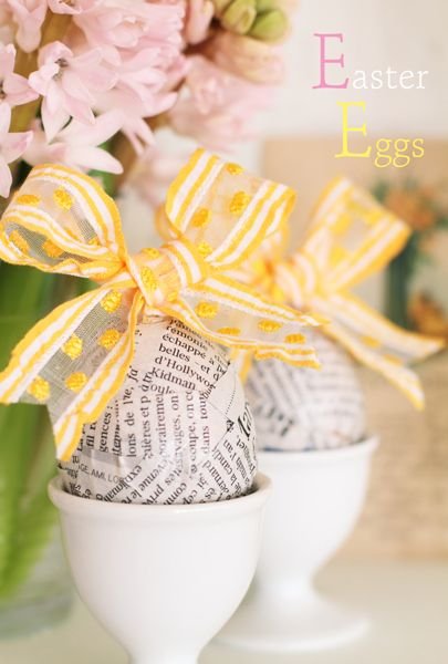 Eggs Covered Magazine or Book Pages w/Bright Yellow Bows - FUN!