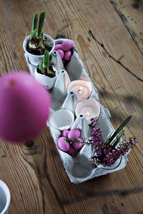 aproveitando as embalagens de ovo: lavandas, vela e plantinhas!