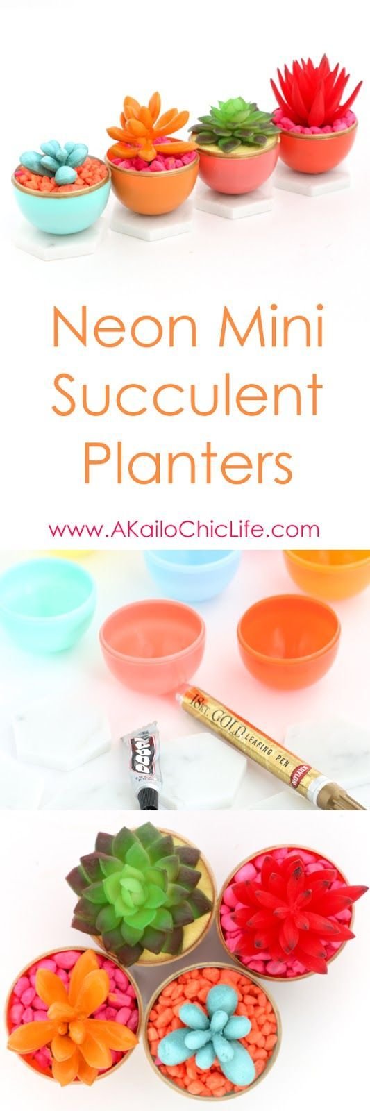 Craft and DIY Mini Neon Succulent Planters using colorful play sand or aquarium rocks and painted succulents in gold edged Easter egg and Marble Planters